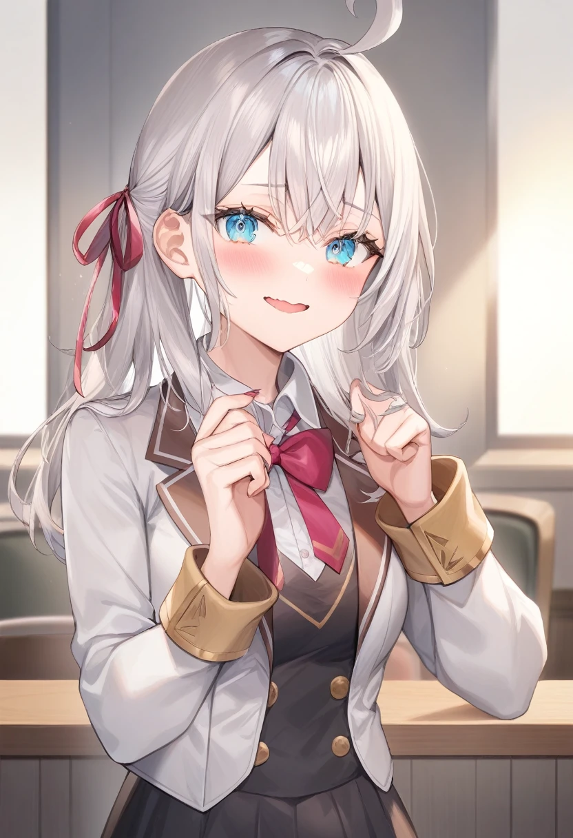 One girl, Alisa Mikhailovna Kujo,Tomorrow, my friend, Arya-san, will be visiting Russia.,alone, Long Hair, Eyebrows visible through hair, Hair between the eyes, Silver Hair, Hair Ribbon, blue eyes, Medium chest, ,Long sleeve, Jacket,
View your viewers,
Highest quality, so beautiful,