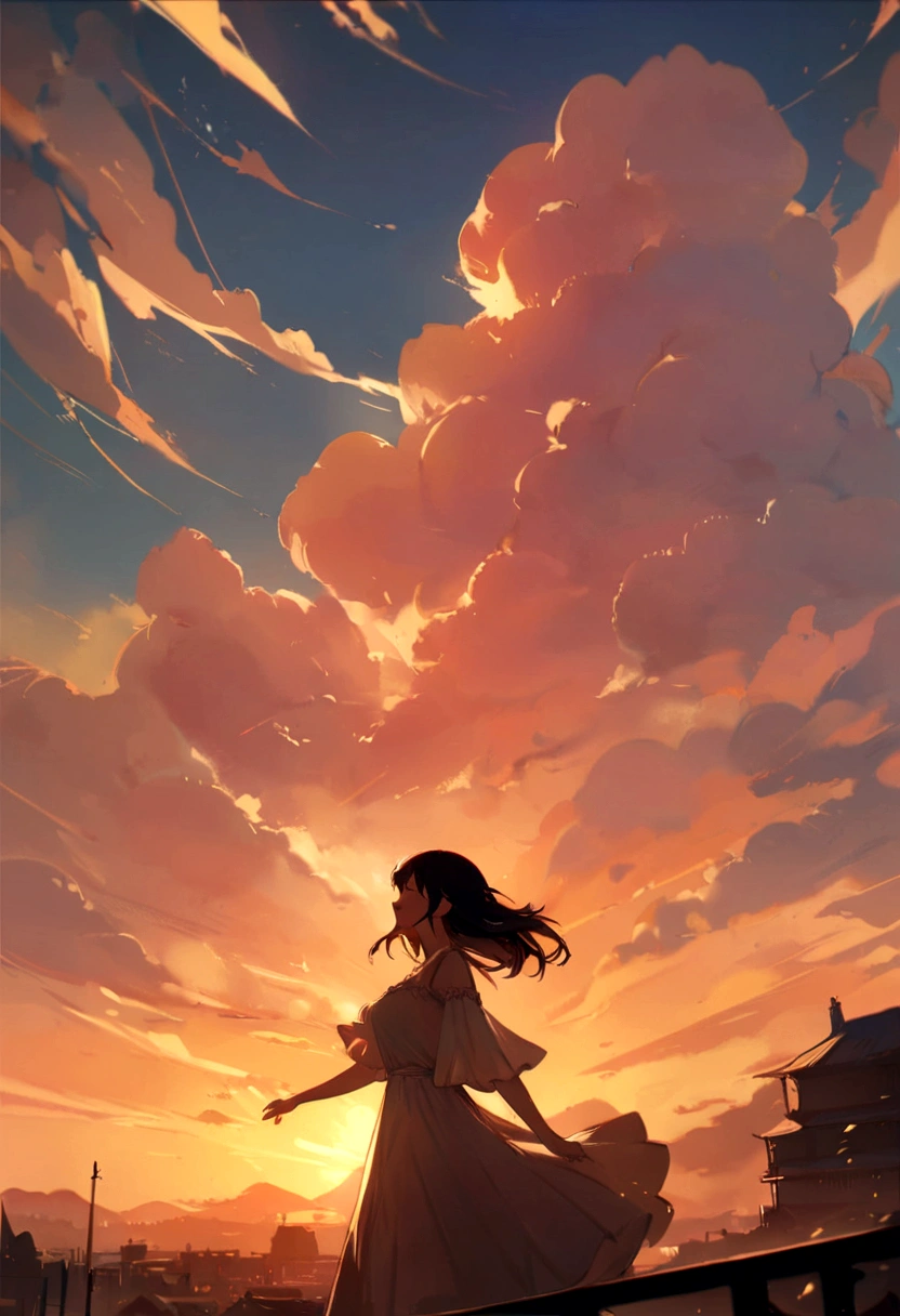 "Masterpiece, Best Quality, Still film, 1 girl in, Cloud Girl, floating in the sky, foreground, bright, happy, soft warm lighting, sunset, sparks: 0,7"