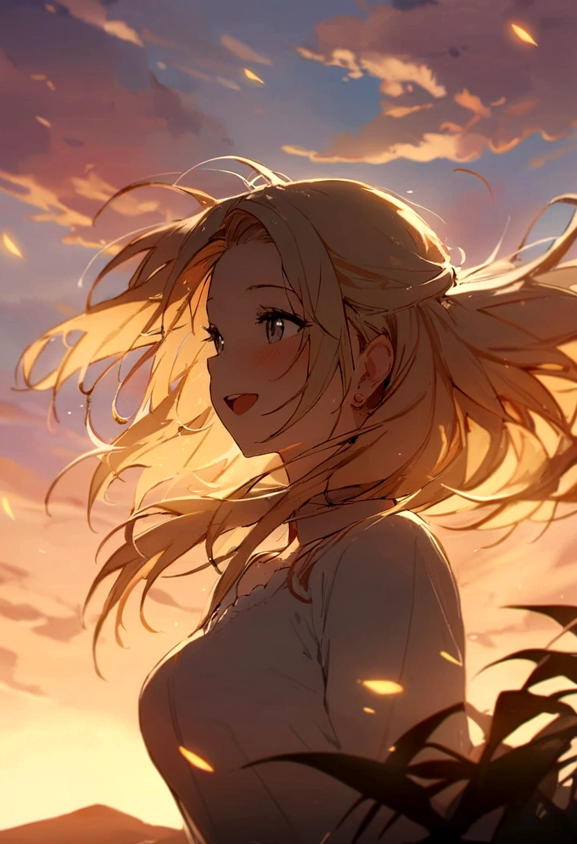 "Masterpiece, Best Quality, Still film, 1 girl in, Cloud Girl, floating in the sky, foreground, bright, happy, soft warm lighting, sunset, sparks: 0,7"