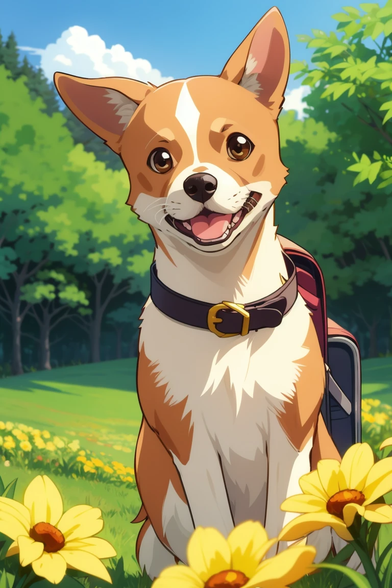 Very attractive girl with backpack enjoying lovely spring outing surrounded by beautiful yellow flowers and nature with cute black tan chihuahua dog. The illustration is a high-definition illustration in 4K resolution, featuring highly detailed facial features and cartoon-style visuals...