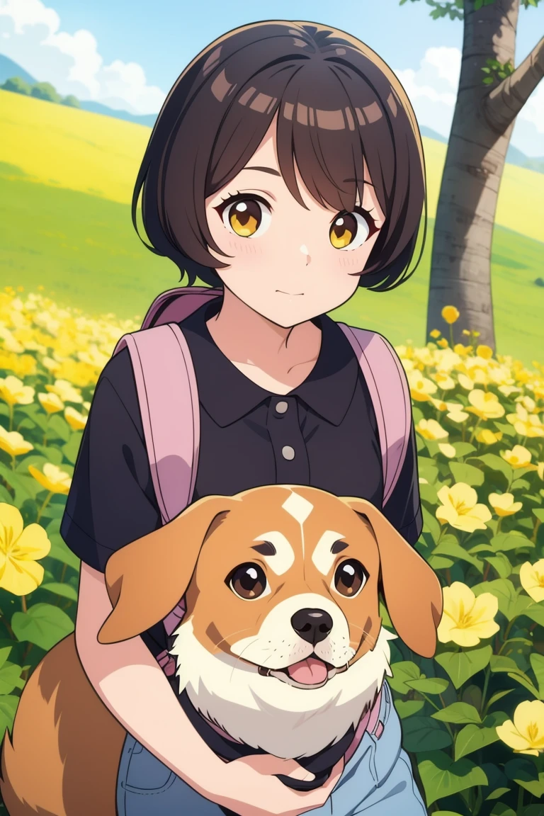 Very attractive girl with backpack enjoying lovely spring outing surrounded by beautiful yellow flowers and nature with cute black tan chihuahua dog. The illustration is a high-definition illustration in 4K resolution, featuring highly detailed facial features and cartoon-style visuals...