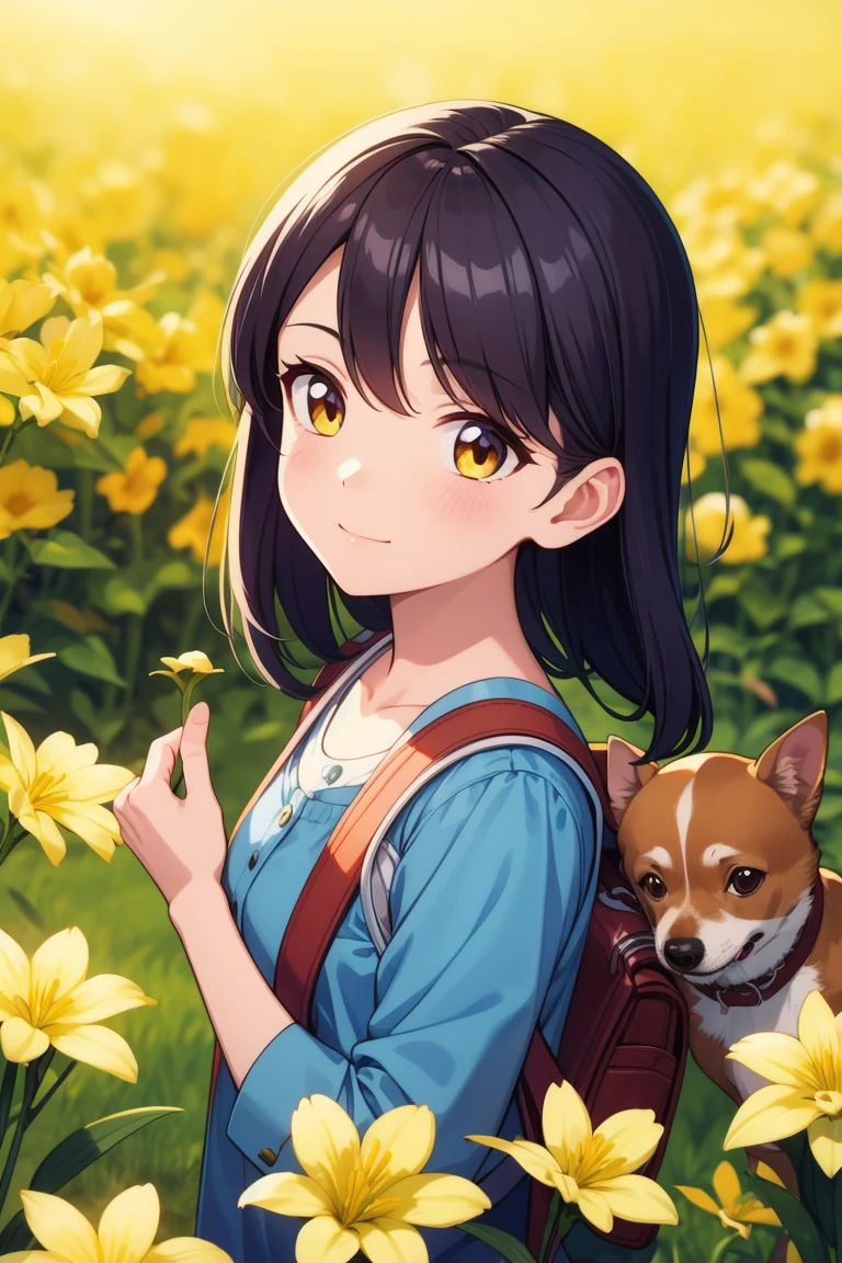 Very attractive girl with backpack enjoying lovely spring outing surrounded by beautiful yellow flowers and nature with cute black tan chihuahua dog. The illustration is a high-definition illustration in 4K resolution, featuring highly detailed facial features and cartoon-style visuals...