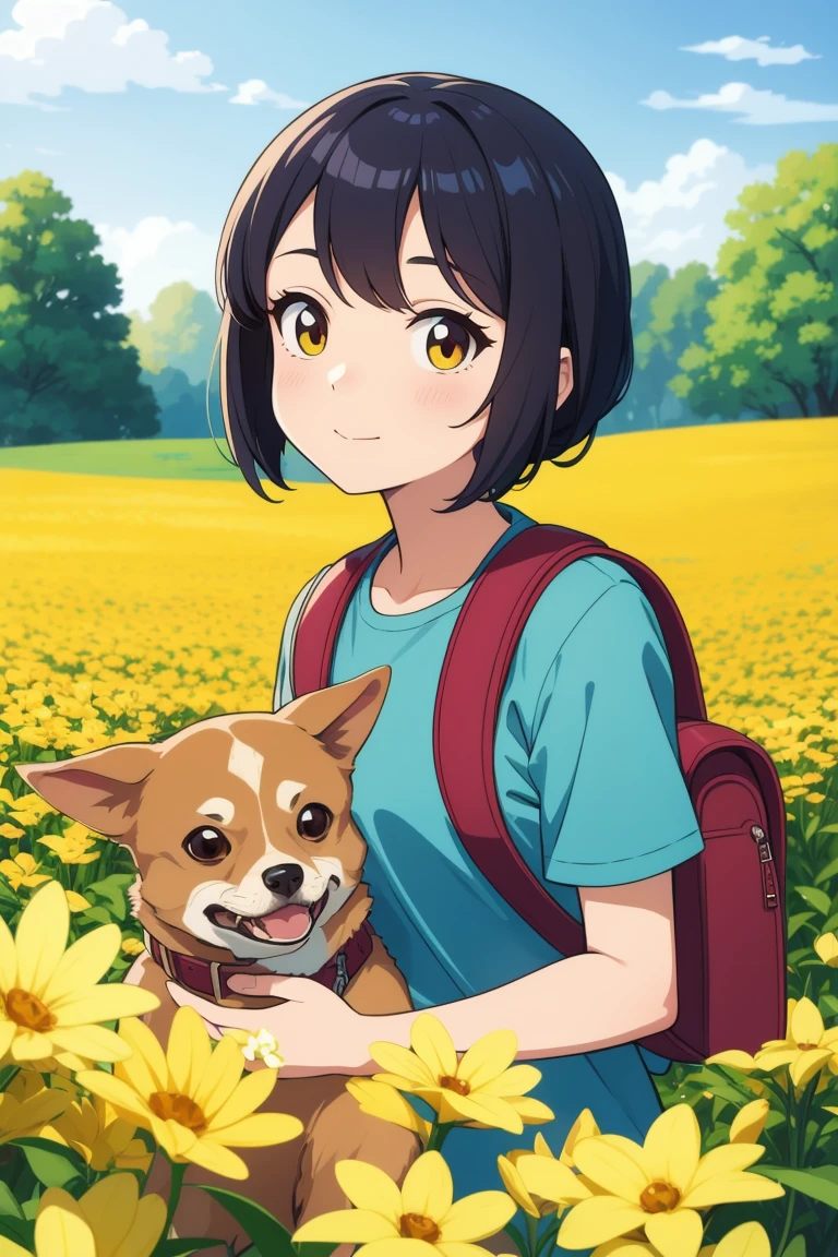 Very attractive girl with backpack enjoying lovely spring outing surrounded by beautiful yellow flowers and nature with cute black tan chihuahua dog. The illustration is a high-definition illustration in 4K resolution, featuring highly detailed facial features and cartoon-style visuals...