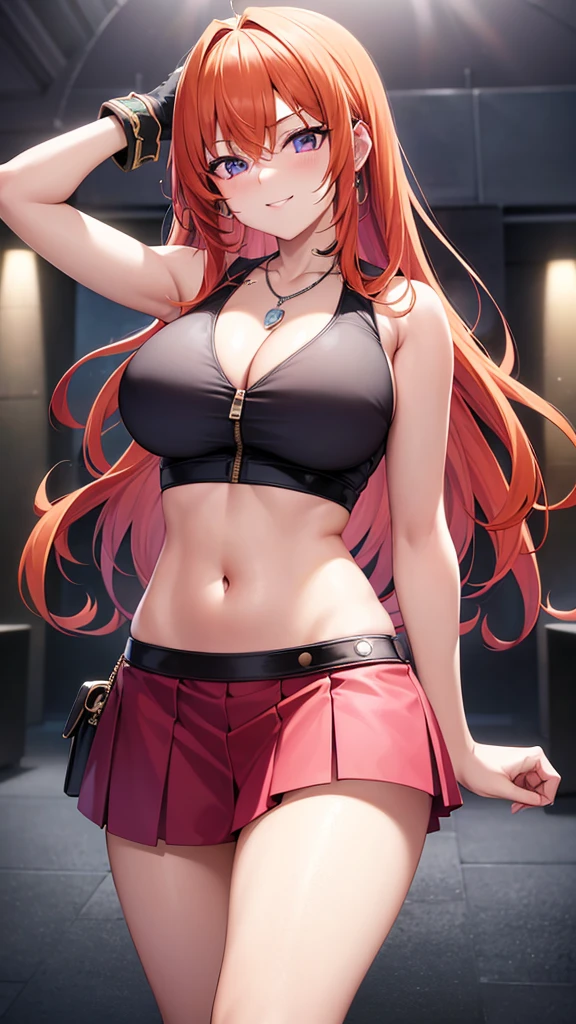 An anime girl with red hair and blue eyes wearing a skirt and an open shirt revealing a black and red bra