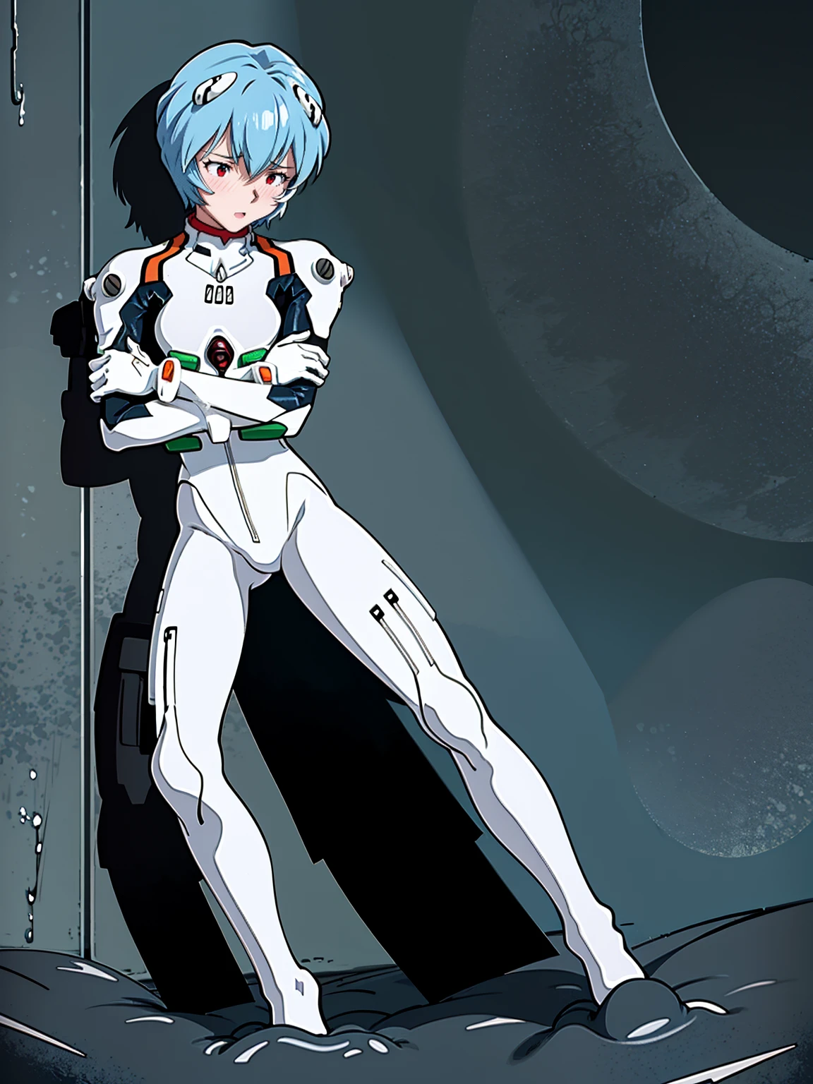 ((Highest quality, 8k wallpaper)),(masterpiece, Highest quality),Very detailed,High resolution,(Official Art:1.3),(((Anime screenshots,Black outline))),One girl,alone, Break mer1,(Rei Ayanami {Neon Genesis Evangelion,}1.2),masterpiece, best quality, outdoor, 1girl, Solo,red eyes,short hair,blue hair, (White plug suit:1.4), skin tight,(backlight, shaded face, cross-eyed, rolling eyes, empty eyes, jitome, raised eyebrows, one eye closed:1.3),(((Covered in sweat, Mass sweat, Sweating profusely,steam:1.7))), (((fighting stance, knees together feet apart, leaning forward, holding own arms, bent legs:1.8))), (Dirty Costume with mud:1.5),(((独奏, cowboy shot:1.6))), blue-sky, Bottomless Swamp,Drowning in a mud swamp,(((partially submerged:1.3))),