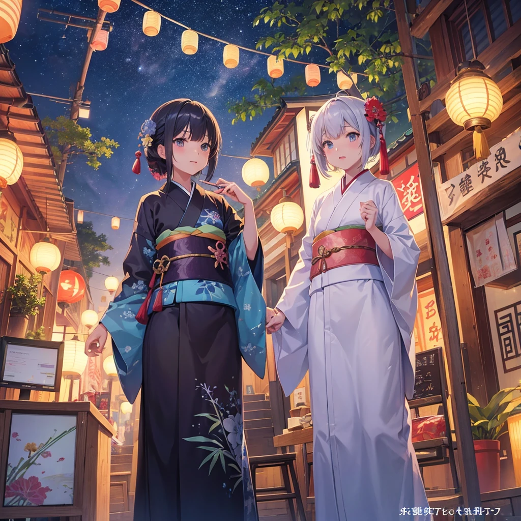 Tanabata in the night sky　Girls and men in Chinese style kimonos　Bamboo forest and paper strips　Have shaved ice　restaurant　Multiple display monitors in the background（anime　）　Aquarium