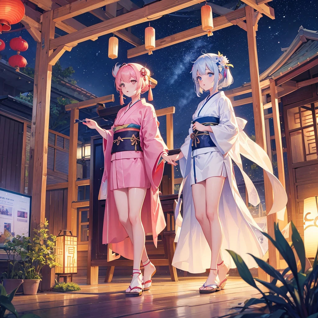 Tanabata in the night sky Girls and men in Chinese style kimonos Bamboo forest and paper strips Have shaved ice restaurant Multiple display monitors in the background(anime ) Aquarium