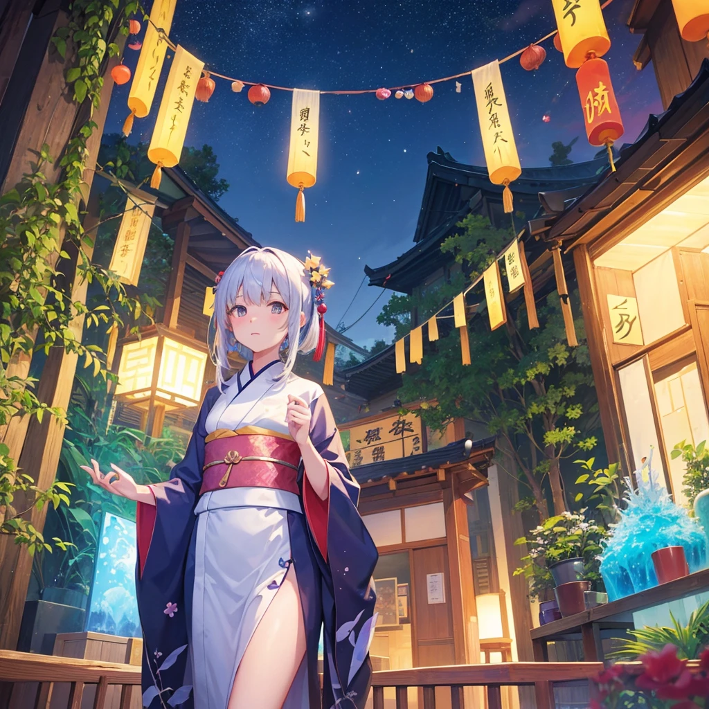 Tanabata in the night sky　Girls and men in Chinese style kimonos　Bamboo forest and paper strips　Have shaved ice　restaurant　Multiple display monitors in the background（anime　）　Aquarium