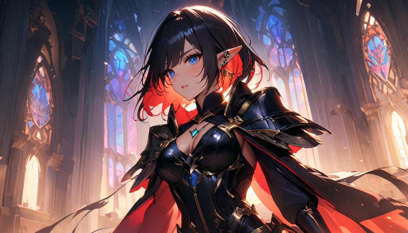 masterpiece, best quality, 1man, adult, male focus, solo, medium black hair, vibrant yellow eyes, gloves, hair between eyes, looking at viewer, cape, High quality metal texture, semi metal armor, closed mouth, black metallic gloves, upper body, bangs, high collar,(kbxll:0.6), Fantasy aesthetics, Highly detailed, shadowverse character concept, shadowverse style