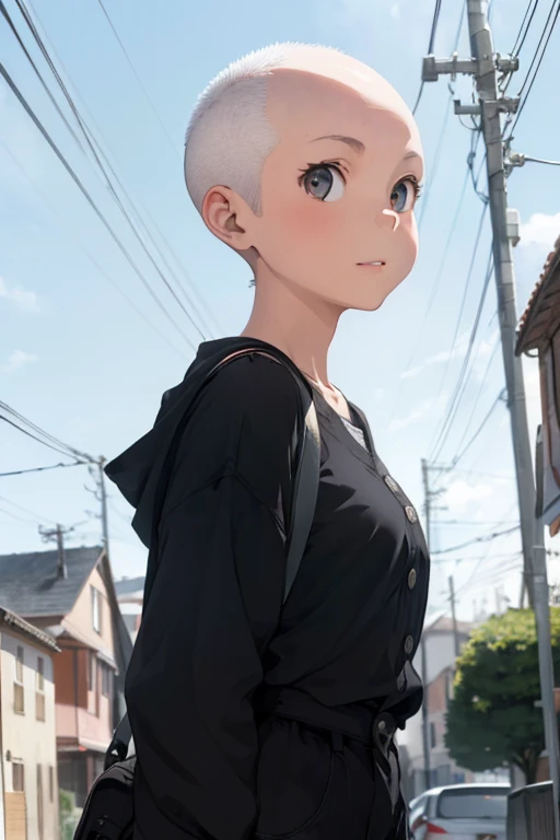 A girl,((without hair))looking at the viewer,((front view of the head))