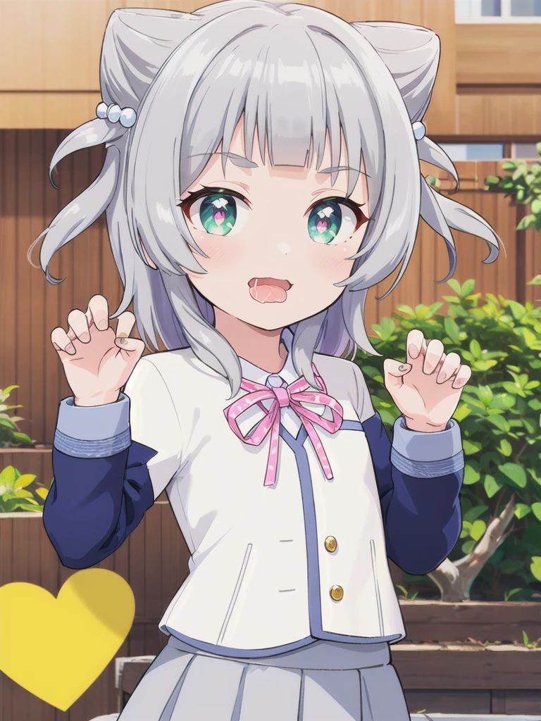 Outdoor,((the way)),, 1girl,Green Eyes, Grey Hair, hair ornaments, bangs, Virtual YouTuber,smile,heart shaped pupils, blunt bangs, Double Bang, Animal ears, Flat Chest,uniform,Navy Blue Blazer,White shirt,Pink ribbon,Grey Skirt,,(claw pose),Open your mouth wide,upper body,Dripping saliva