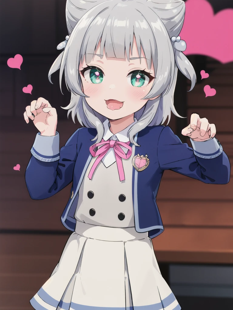 Outdoor,((the way)),, 1girl,Green Eyes, Grey Hair, hair ornaments, bangs, Virtual YouTuber,smile,heart shaped pupils, blunt bangs, Double Bang, Animal ears, Flat Chest,uniform,Navy Blue Blazer,White shirt,Pink ribbon,Grey Skirt,,(claw pose),Open your mouth wide,upper body,Dripping saliva