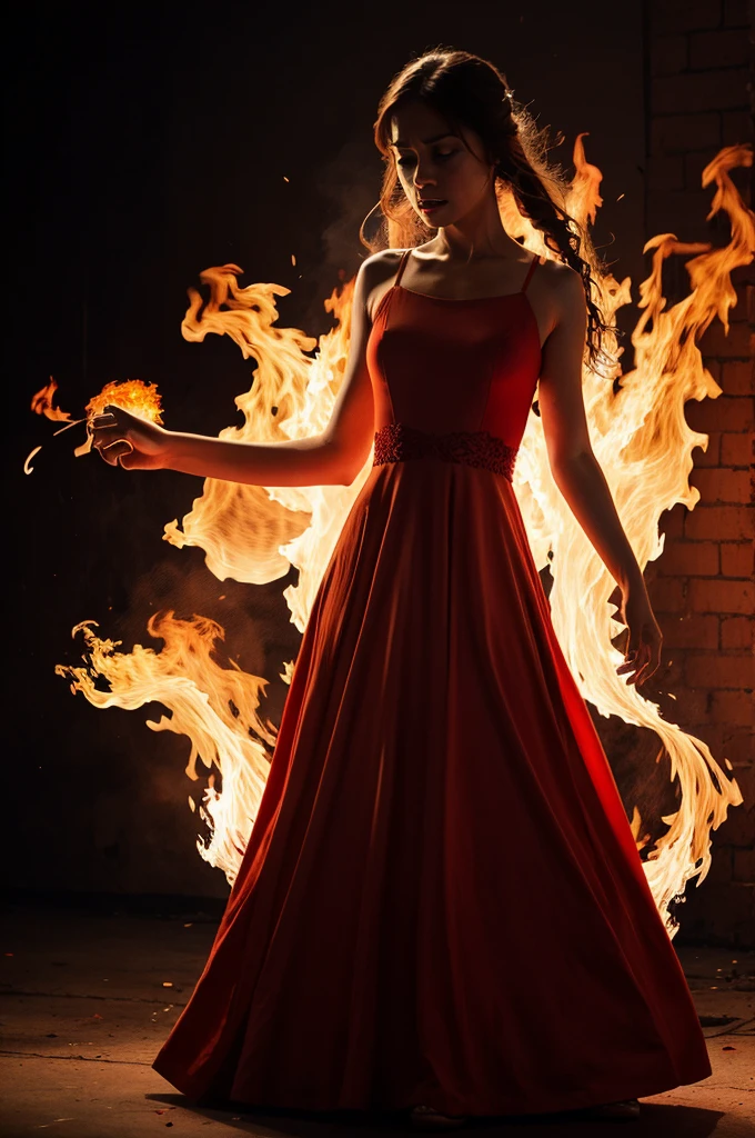 RED illustrative background a girl dancing in anger WITH scary and long dress . Her anger is reason behind fire