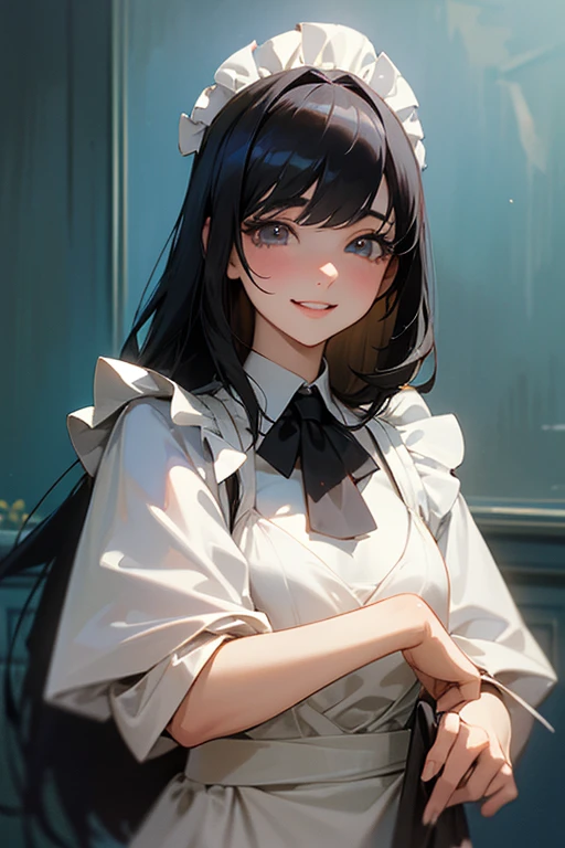 (Highest Resolution, clear_image) Highest quality, single, One woman, alone, masterpiece, Very detailed, Semi-realistic, Black Hairのショートヘア, Black Hair, bangs, 18-year-old, mature, light blue , Indoor Background, kind, Authoritative, Powerful, exquisite features, exquisite features、Eyelashes become longer、Showing teeth、smile😀、Maid clothes、woman'Fingers in the、Sleeping on the sofa、Long Hair、Fluttering in the wind、((Off-the-shoulder clothing))