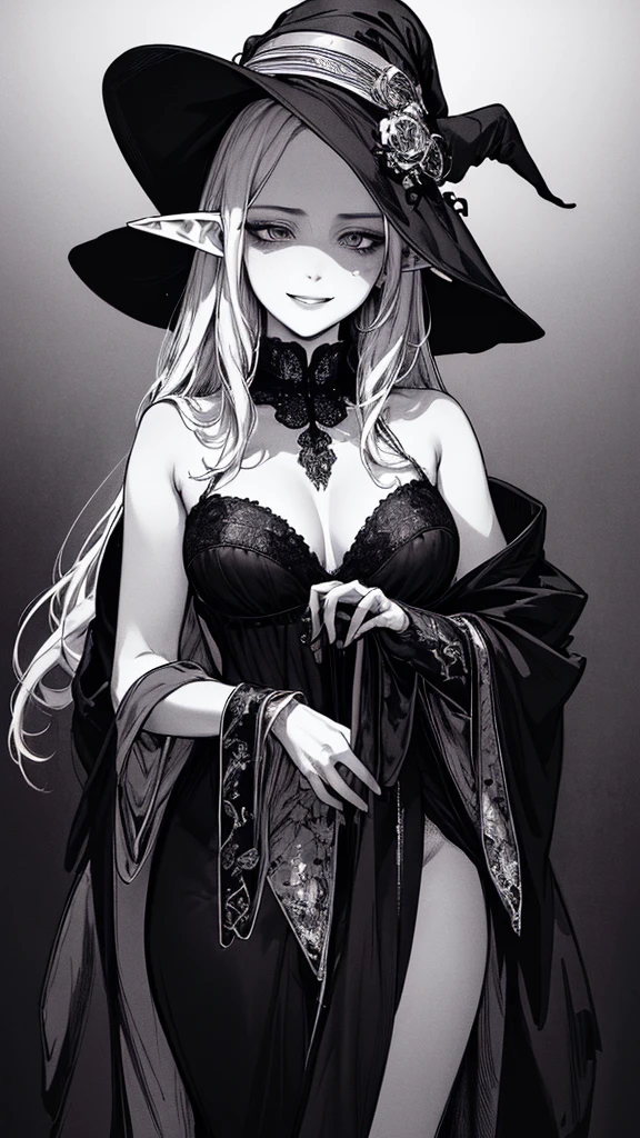 Highest quality, (Background details), High Contrast, so beautiful, Detailed original illustrations, Sensual, , witch, witch hat, Black Robe, Elf, Delicate face, charm, Spoiled brat, sexy, Real breasts, Small breasts、Crazy Smile, Crazy Eyes, Black background, (Black background: 1. 5) Beautiful line art, Monochrome