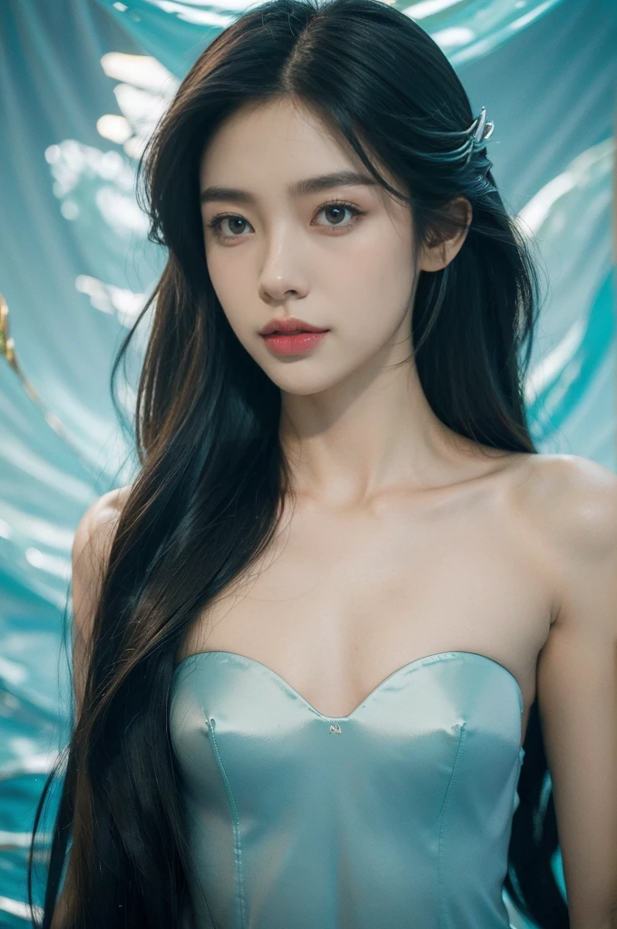 (((best quality))),(((ultra detailed))),(((masterpiece))),illustration,(1 beautiful girl,shark girl,solo),((slim,thin,small breasts,flat chest)),aquarium,summer night,(sleek strapless bra:1.3),shimmering hues,enchanting aura,(shoulder length straight bob hair:1.2),ocean-blue locks,shiny seaweed,porcelain skin,neon lights,emerald eyes,sharp gaze,delicate shark fin,translucent membrane,dancing fish,vibrant colors,undulating water,salty scent,distant waves,coral reef,gentle shadows,serene ambiance,electric atmosphere,Alezandra,oceanic magic,allure,enchantment,vision,extraordinary presence,((from front,close-up of face))