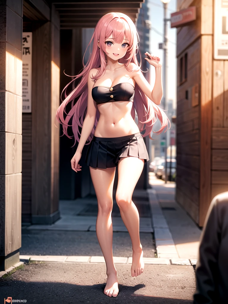 girl，Young，（masterpiece，Highest quality），Street，Completely naked，Bare shoulders、Gal、Pink Hair、smile、passionate、long hair、(Underboob)，Big Breasts，Cleavage，(stomach)，Mini tube top、looking at the camera、Ultra Micro Mini Pleated olo、Are standing、barefoot，In the city