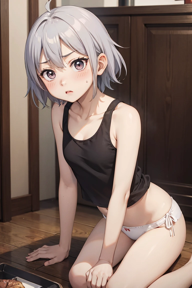 ka ryo ten、Detailed Description、high resolution、One Girl、Black meat、Silver Hair、Short Hair、(blush)、Troubled face、White tank top、White panties、Leaning forward、Looking up、belly button