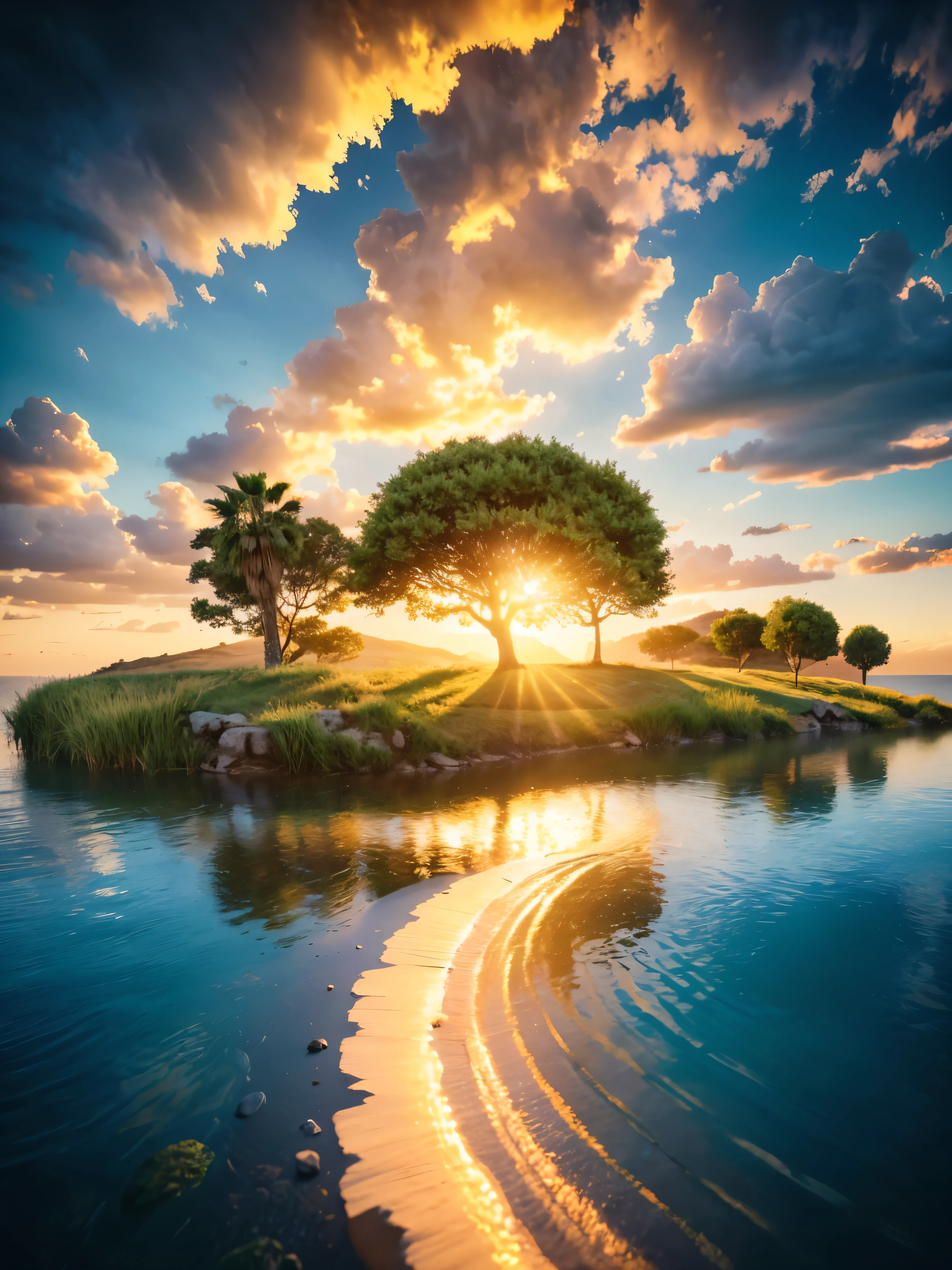 photorealistic landscape, natural landscape, naturey, Beleza Da naturey, Golden Sunset, Sky, Sky Power, Detailed Realistic Sunset, palmtrees, God's City, Heavens Realm, mountainscape, rivers of water, Sunset realism, Árvores naturey, Alone Men, man on his back, Man's Back, panorama, Alpha Male, Path to Heaven, heavenly, Detailed Realistic Image 8K, 16K Photorealistic Contrast, 8K Photorealistic Sharpness, 4K Photorealistic Cores, 16K Photorealistic Shadows, 8K Photorealistic Textures, 16K Photorealistic Texture, 4K Photorealistic Light, 4K PhotoRealism, FullHD 4K Detailed Contrast, detailed sharpness FullHD 8K, detailed sharpness FullHD 4K, detailed sharpness, 2K Detailed Colors, lifelike colors, FullHD Detailed Shadows, 4K Detailed Textures, detailed texture, padoru, Natural Beauty, chic 
