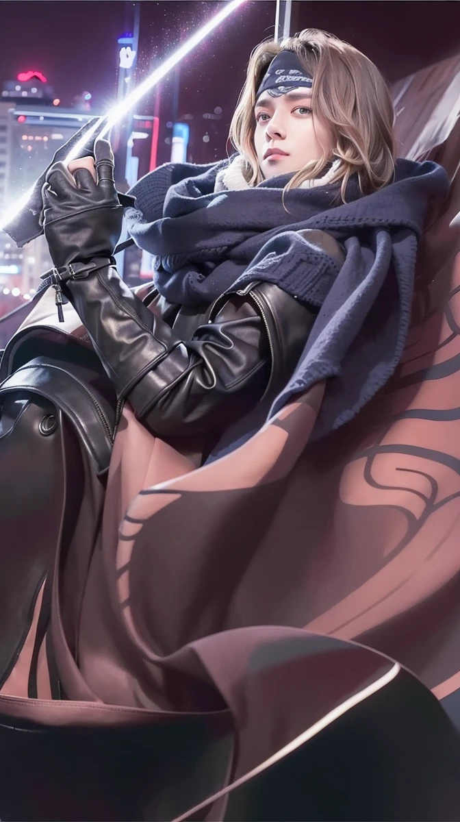 best quality, masterpiece, (photorealistic:1.4), 1boy, solo, short hair, big eyes, black coat,scarf, jeans, full body, dramatic lighting, cowboy shot, looking at viewer, standing, outdoors, snow, cityscape, streets, buildings,