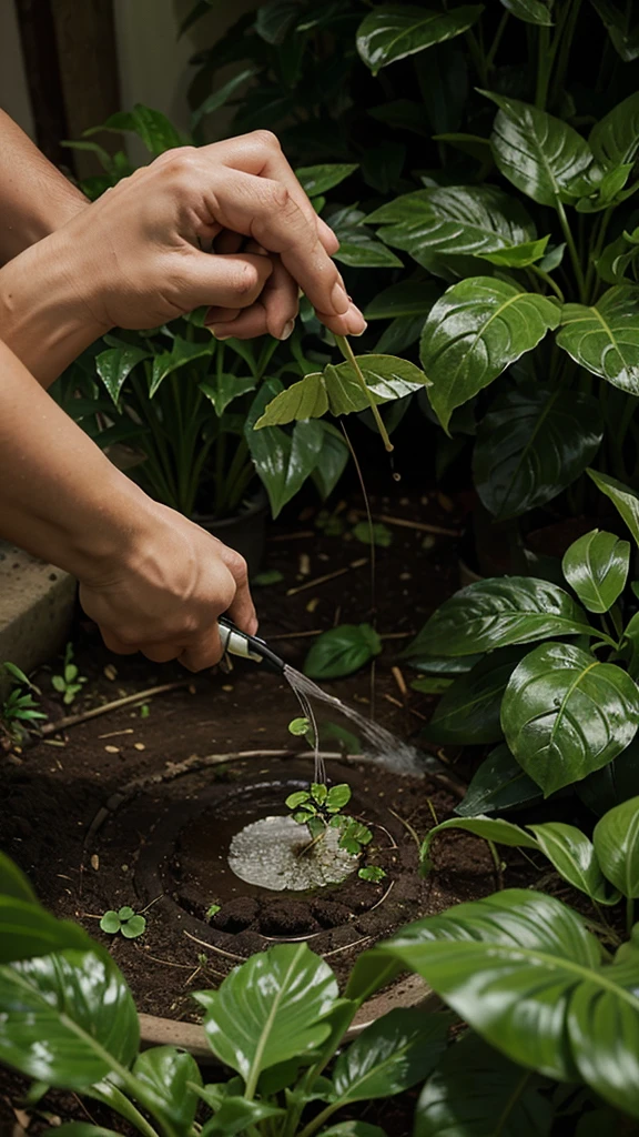 Depict João diligently watering and tending to a tiny, emerging seedling, surrounded by lush greenery and vibrant nature.