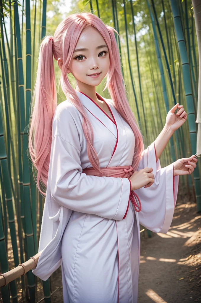 Perfect human body modeling, 1girl, small breasts, beautiful girl, cute girl and idol face, young face, smile, Beautiful long pink hair, twintails, Beautiful shining red eyes, white skin, Short body,  Festival of the Weaver July 7th, blue yukata light cotton kimono worn in the summer or used as a bathrobe, Milky Way, starry sky, Many strips of paper are hung on bamboo branches