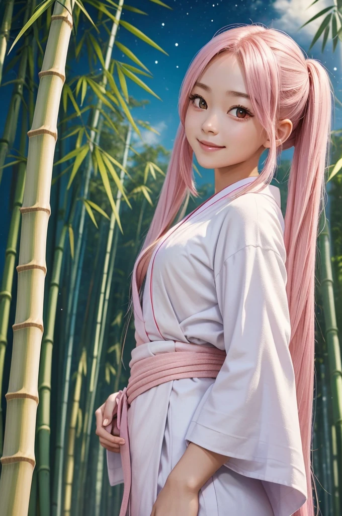 Perfect human body modeling, 1girl, small breasts, beautiful girl, cute girl and idol face, young face, smile, Beautiful long pink hair, twintails, Beautiful shining red eyes, white skin, Short body,  Festival of the Weaver July 7th, blue yukata light cotton kimono worn in the summer or used as a bathrobe, Milky Way, starry sky, Many strips of paper are hung on bamboo branches