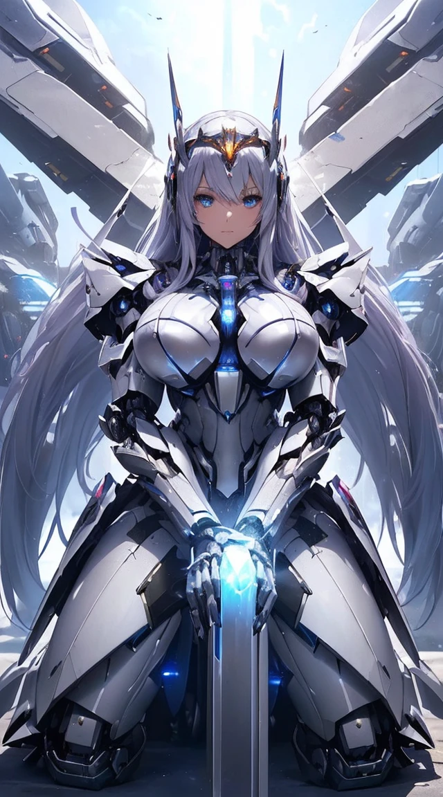 (Sit on one knee on the machine:1.6)、(Full body description:1.3)、((Shining lenses on both breasts:1.3))、((Blue pillars of light are emanating from both chests.:1.3))、smile、((8K)), ((32k)), ((Highest quality)), ((masterpiece)), ((超A high resolution)), ((Tmasterpiece)), ((Halation:1.4))、((Mechaニカルheadgear:1.2))、((Cyber Headphones:1.3))、Fine skin, High quality fabric, Fine metal texture、((Beautiful and dense face))、RAW Photos、Professional, Ultra-fine painting, ((alone)), Beautiful breasts、Highest quality, Very detailed, Very detailed詳細, Finer details, so beautiful, ((Princess Knight Robot:1.2)), (Joints of machines, Mechanical Limbs:1.3), (The internal structure of the machine is exposed:1.3), (Long silver hair:1.1), (Beautiful and huge mechanical breasts)、White Veil, cowboy_shot, Side Focus, headgear, Shiny、(Five Fingers, Four fingers and thumb),Concept Art, Anime fantasy artwork, Detailed fantasy art, (with pale blue-violet hair and large white wings,,,,,,,), (((Long silver hair))), (Mecha:1.6)、Sleek and intimidating design, ((Commander-in-Chief'arm)), (Perfect robot body)、純白と青紫armまたは, Symmetrical wings, 8K high quality, detailed art, 3D rendering of character art in 8K, neat legs, Defined, Defined fingers,