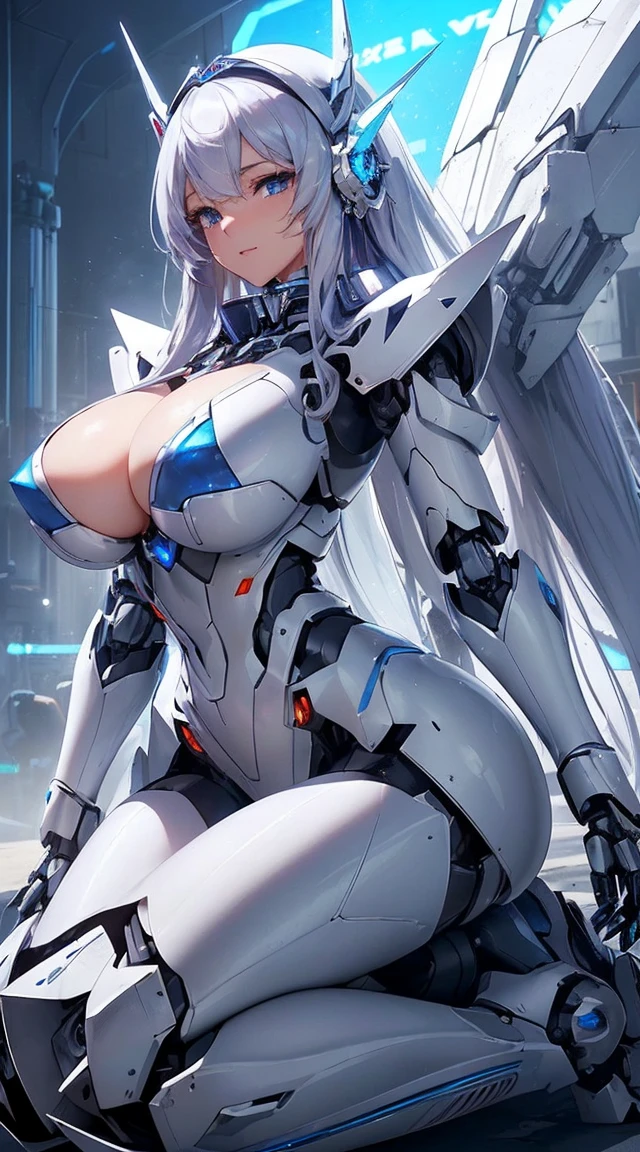 (Sit on one knee on the machine:1.6)、(Full body description:1.3)、((Shining lenses on both breasts:1.3))、((Blue pillars of light are emanating from both chests.:1.3))、smile、((8K)), ((32k)), ((Highest quality)), ((masterpiece)), ((超A high resolution)), ((Tmasterpiece)), ((Halation:1.4))、((Mechaニカルheadgear:1.2))、((Cyber Headphones:1.3))、Fine skin, High quality fabric, Fine metal texture、((Beautiful and dense face))、RAW Photos、Professional, Ultra-fine painting, ((alone)), Beautiful breasts、Highest quality, Very detailed, Very detailed詳細, Finer details, so beautiful, ((Princess Knight Robot:1.2)),  (Joints of machines, Mechanical Limbs:1.3), (The internal structure of the machine is exposed:1.3), (Long silver hair:1.1), (Beautiful and huge mechanical breasts)、White Veil, cowboy_shot, Side Focus, headgear, Shiny、(Five Fingers, Four fingers and thumb),Concept Art, Anime fantasy artwork, Detailed fantasy art, (with pale blue-violet hair and large white wings,,,,,,,), (((Long silver hair))), (Mecha:1.6)、Sleek and intimidating design, ((Commander-in-Chief&#39;arm)), (Perfect robot body)、純白と青紫armまたは, Symmetrical wings, 8K high quality, detailed art, 3D rendering of character art in 8K, neat legs, Defined, Defined fingers,