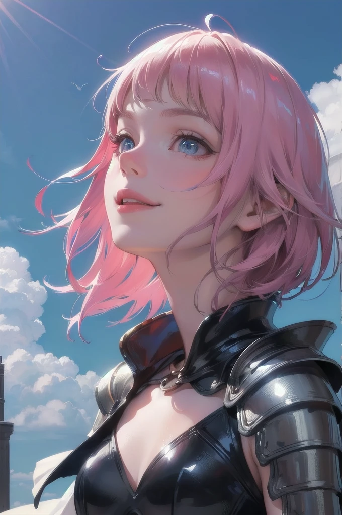 (8K, RAW Photos, of the highest quality, Masterpieces: 1.2), (Realistic, Photorealistic: 1.37), Highest Quality, Ultra High Resolution, light leaks, Dynamic lighting, (Fair skin: 1.2), (Glossy skin: 1.1), Oiled skin, 26 years old, shiny pink hair, bob hair, Well-formed, Hair fluttering in the wind, (look up and smile:1.3), short bangs, (fantasic knight armor:1.3), wearing a cloak, Beautiful eyes, focused eyes, Slim, (upper body:1.1), super clear eyes, (looking up on into the sky: 1.4), stormy sky, (Cute:1.2), beautiful body shape, Hair volume decreases towards the ends of the hair, Beautiful skin without blemishes, Sparkly lips, The air is misty, (medium breasts:1.2),