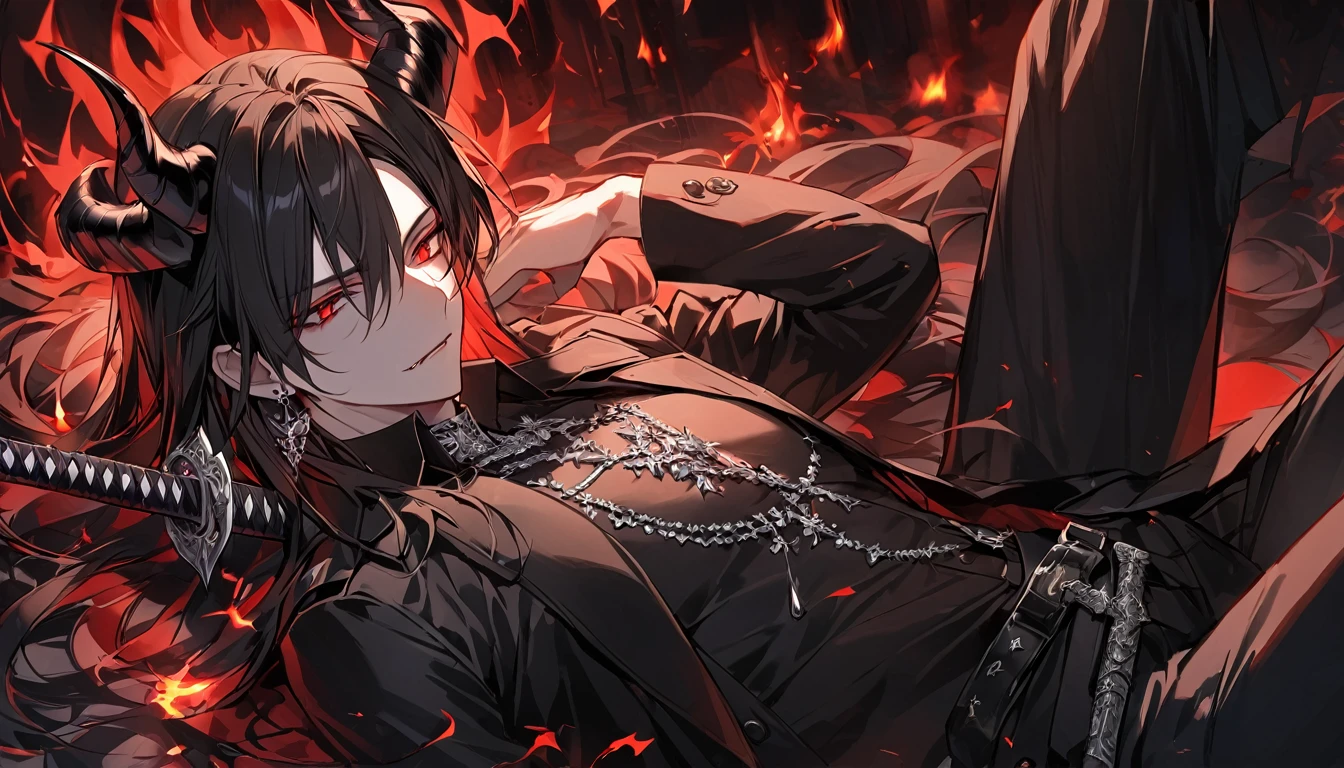 alone, good looking, 1 male, Long hair, Middle parted, Black hair, Red eyes, Black shirt, White Thailand, Black Trench Coat, Royal Silver Jewellery, Royal Demon Earrings, Black horns, Demon Crown, Demonic Katana, On Back, Demonic Black flames Aura