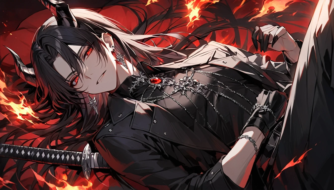 alone, good looking, 1 male, Long hair, Middle parted, Black hair, Red eyes, Black shirt, White Thailand, Black Trench Coat, Royal Silver Jewellery, Royal Demon Earrings, Black horns, Demon Crown, Demonic Katana, Chain, On Back, Demonic Black flames Aura, vtuber Character Design sheet