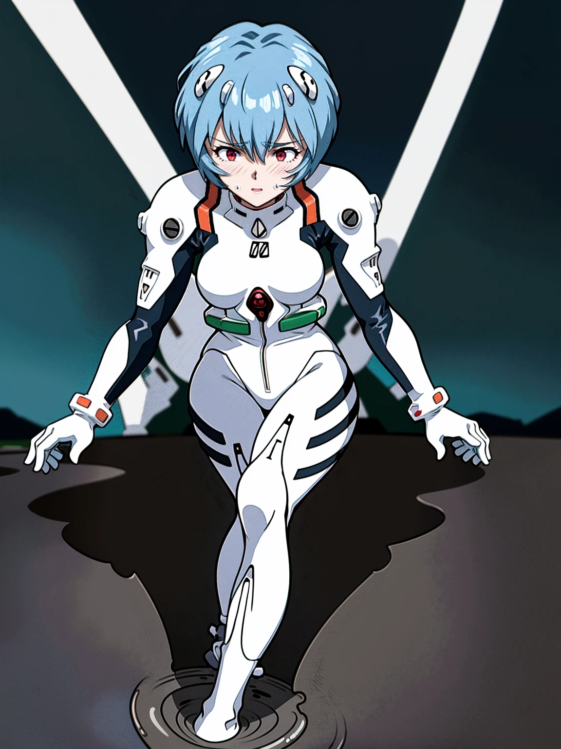 ((Highest quality, 8k wallpaper)),(masterpiece, Highest quality),Very detailed,High resolution,(Official Art:1.3),(((Anime screenshots,Black outline))),One girl,alone, Break mer1,(Rei Ayanami {neon genesis evangelion,}1.2),masterpiece, best quality, outdoor, 1girl, Solo,red eyes,short hair,blue hair, (White plug suit, skintight:1.4), , (((holding own arms, bent legs:1.2))),  (Covered in sweat, Mass sweat, Sweating profusely:1.5),(((trembling effect motion lines with sexual climax:1.6))),(dirty:1.4),