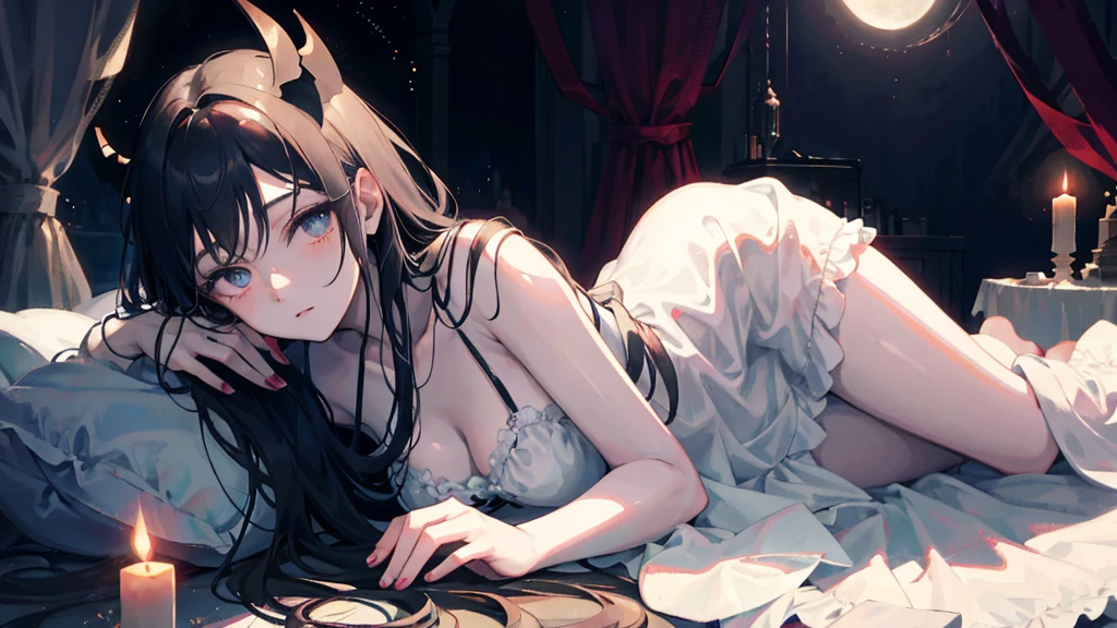 In a room of dark and mysterious hues, bathed in the silver light of the moon filtering through the velvet curtains, rests a young demone. Her pale skin contrasts with her night-black hair, scattered around her head on the silk pillow. Her wings folded gently around her, similar to those of a bat, add a touch of strangeness to her haunting beauty. She wears a light nightgown that delicately reveals her sensual curves. Her expression is peaceful, her long eyelashes shading her delicate cheeks as she dreams in a deep, enchanting sleep. Around his bed, mystical symbols and unlit candles suggest a magical and secret atmosphere. The silence of the night is broken only by his slow, steady breathing.