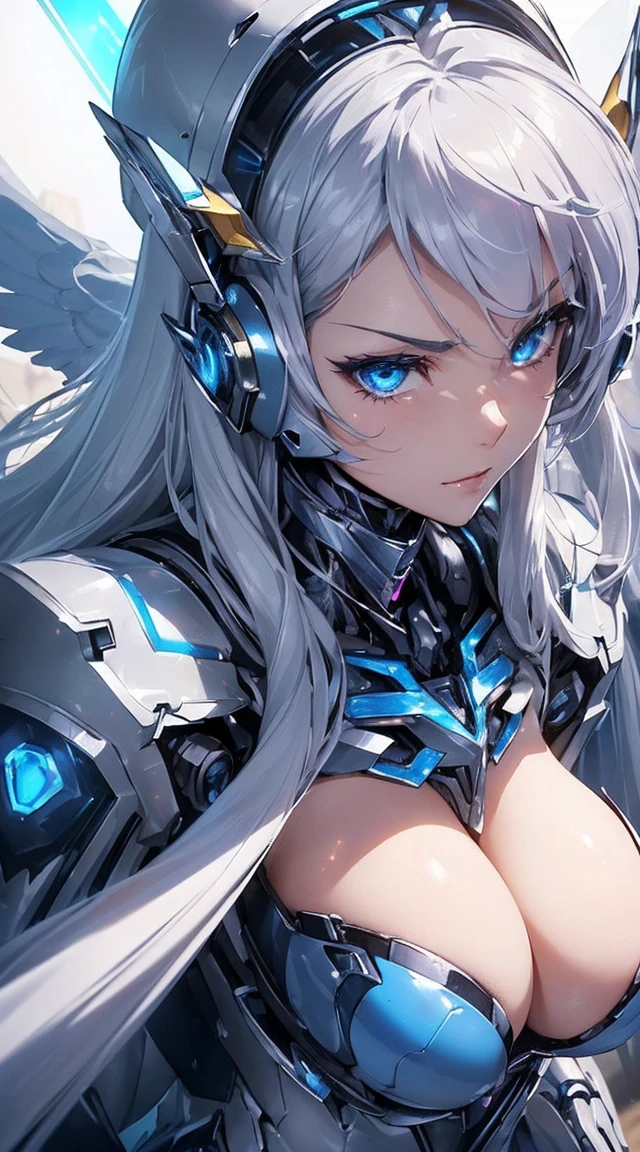 ((Extreme close up:1.6))、(((Lenses shining on both breasts:1.3)))、((A blue pillar of light emanates from both of his chests..:1.3))、break、(((Dynamic pose:1.8)))、smile、((8K)), ((32k)), ((Highest quality)), ((masterpiece)), ((超A high resolution)), ((Tmasterpiece)), ((Halation:1.4))、((Mechaニカルheadgear:1.2))、((Cyber Headphones:1.3))Fine skin, High quality fabric, High-quality metal texture、((Beautiful and dense face))、RAW Photos、Professional, Ultra-fine painting, ((alone)), Beautiful breasts、Highest quality, Very detailed, Very detailed詳細, Finer details, so beautiful, ((Princess Knight Robot:1.2)),  (Joint of the machine, Mechanical Limbs:1.3), (The internal structure of the machine is exposed:1.3), (Long silver hair:1.1), (Beautiful and huge mechanical breasts)、White Veil, cowboy_shot, Side Focus, headgear, Shiny、(Five Fingers, Four fingers and thumb),Concept Art, Anime fantasy artwork, Detailed fantasy art, (with pale blue-violet hair and large white wings,,,,,,,,), (((Long silver hair))), (Mecha:1.6)、Sleek and intimidating design, ((Commander-in-Chief&#39;arm)), (Perfect robot body)、純白と青紫のarmまたは, Symmetrical wings, 8K High Resolution, Detailed Art, 3D rendering of character art in 8K, neat legs, Defined, Defined fingers,((headshot:1.3))