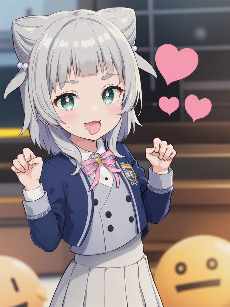 Outdoor,((the way)),, 1girl,Green Eyes, Grey Hair, hair ornaments, bangs, Virtual YouTuber,smile,heart shaped pupils, blunt bangs, Double Bang, Animal ears, Flat Chest,uniform,Navy Blue Blazer,White shirt,Pink ribbon,Grey Skirt,,(claw pose),Open your mouth wide,upper body,Dripping saliva