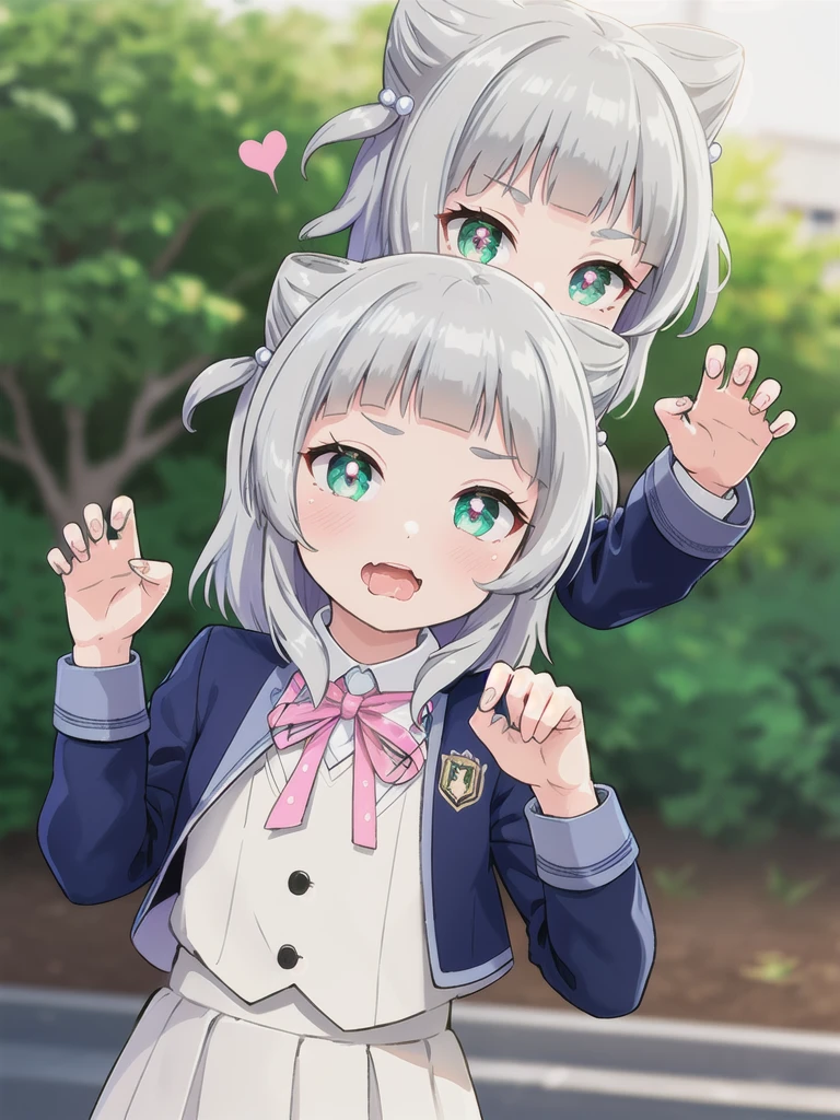 Outdoor,((the way)),, 1girl,Green Eyes, Grey Hair, hair ornaments, bangs, Virtual YouTuber,smile,heart shaped pupils, blunt bangs, Double Bang, Animal ears, Flat Chest,uniform,Navy Blue Blazer,White shirt,Pink ribbon,Grey Skirt,,(claw pose),Open your mouth wide,upper body,Dripping saliva