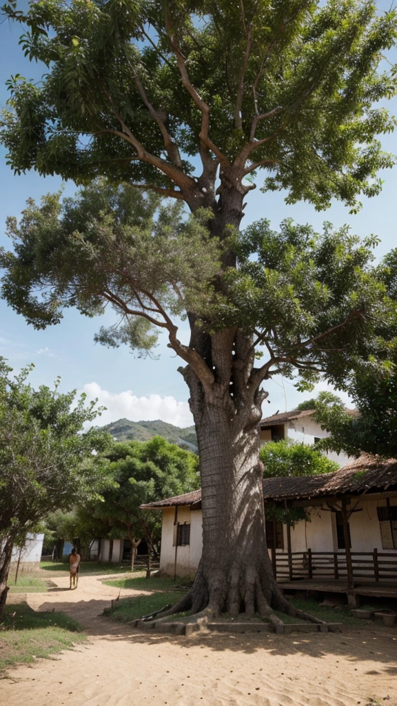 Create an image of João's tree growing slowly over the years, while neighboring trees grow faster, and villagers watch curiously.