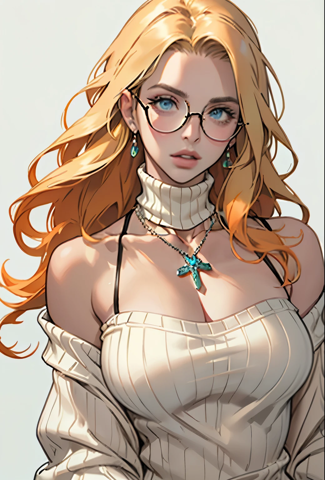 (masterpiece, Highest quality) One girl, Ashley Graham RE, alone, chest, View your viewers, Long Hair, blue eyes, shirt, Bare shoulders, jewelry, medium chest, Green Eyes, Upper Body,Blonde, parted lips, No sleeve, necklace, sweater, lips, turtleneck, ribbed sweater, Realistic, nose, No sleeve turtleneck, orange shirt, orange sweater,Wear glasses,