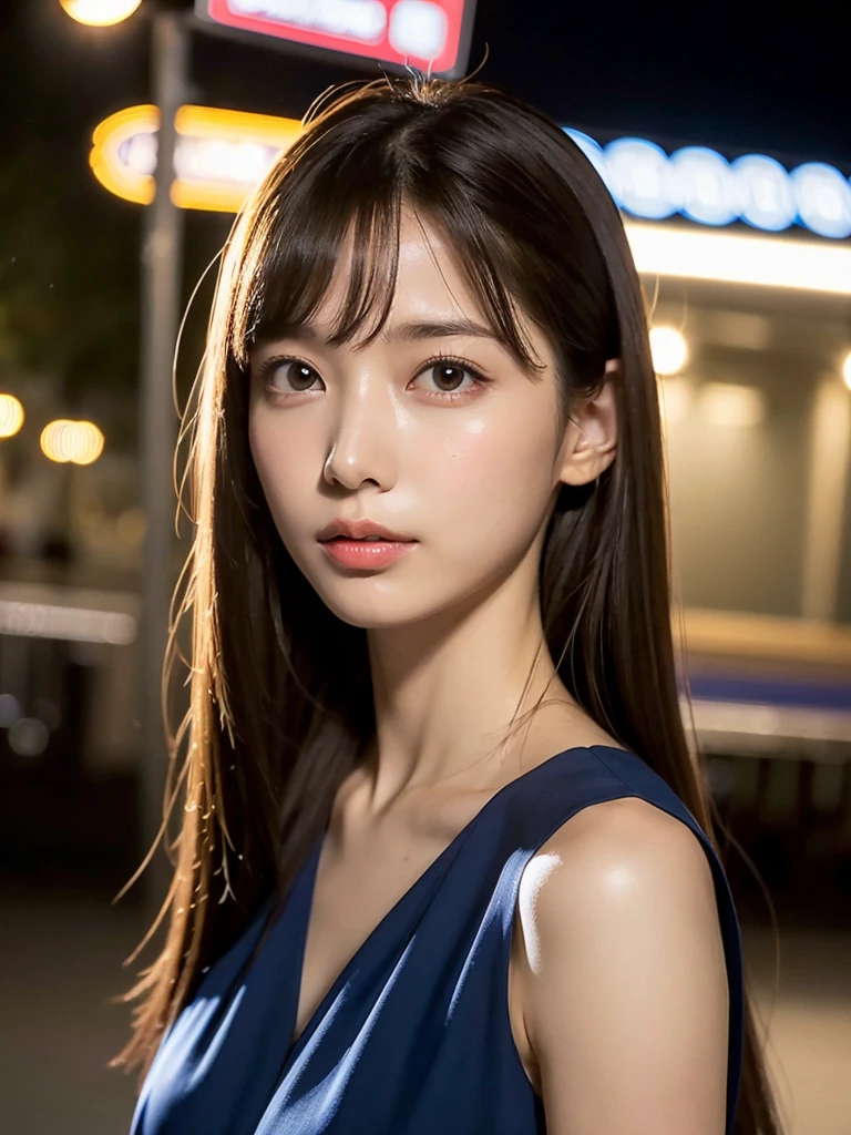 1womanl, Sleeveless navy blue long dress 、very cute (
Full-length portrait),city, cafe street at night,mideum breasts, light brown hair, Blunt bangs, hair behind ear, hair over shoulder, Long hair, slender body shape, Ultra Fine Face, Thin face, Delicate lips, Beautiful eyes, thin blush, eyes are light brown, perfect glossy skin, flawless skin, Glistening sweat,View here, Ultra-thin hands, Ultra-fine fingers, best ratio four finger and one thumb, (realisitic:1.3), See-through white blouse. An amusement park, One-person viewpoint, Fuji Film, F/1.2, 8K, masutepiece, nffsw, Super Detail, High quality, Best Quality, hight resolution