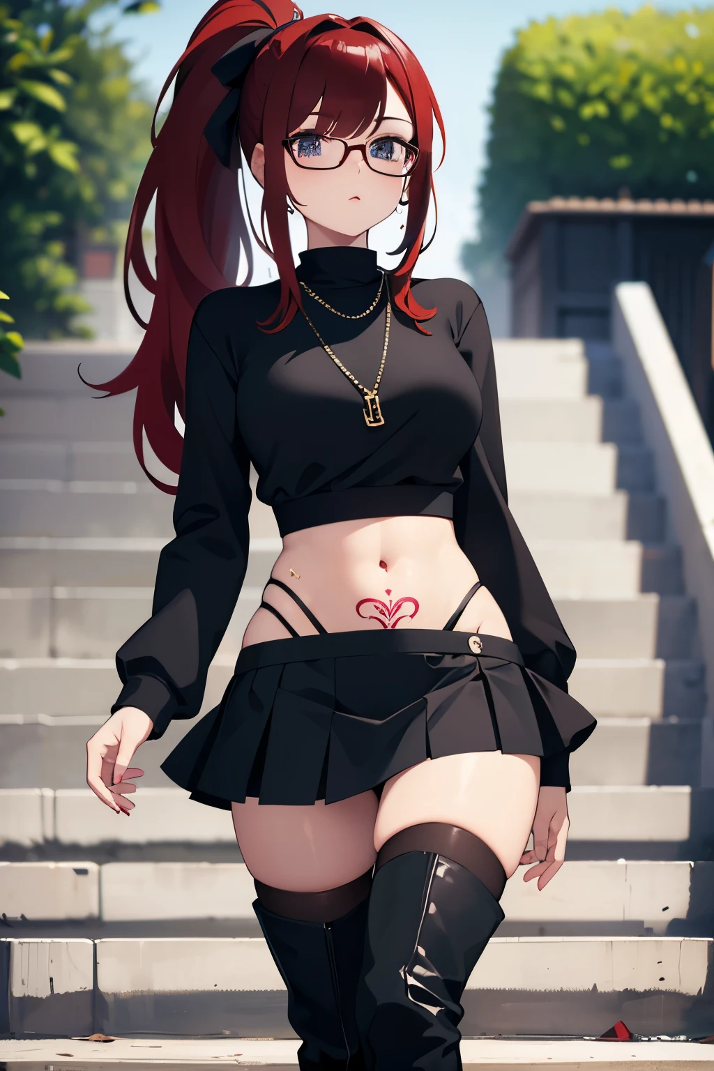 Young girl walking towards you, down stairs, park, black-red hair, ponytail, sexy top, big , miniskirt, overkneeboots, belly, belly chain, glasses, tattoo