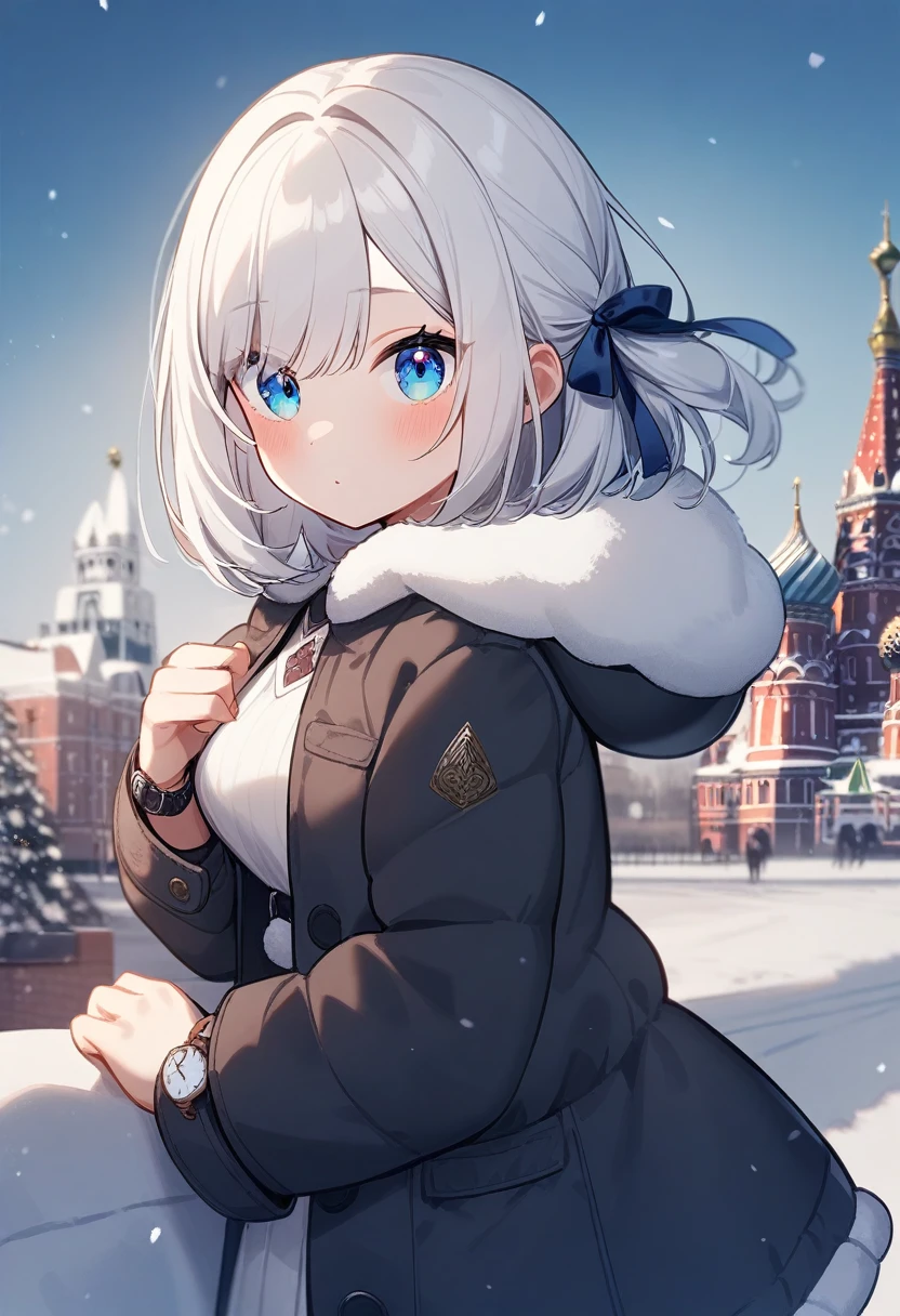 One girl,  Alisa Mikhailovna Kujo,Tomorrow, my friend, Arya-san, will be visiting Russia.,alone, Long Hair, Eyebrows visible through hair, Hair between the eyes, Silver Hair, Hair Ribbon, blue eyes, Medium chest, ,Long sleeve, Jacket,Watch Winter Clothes Viewers, 
Highest quality, so beautiful, Moscow、It&#39;s snowing、Moscowの風景