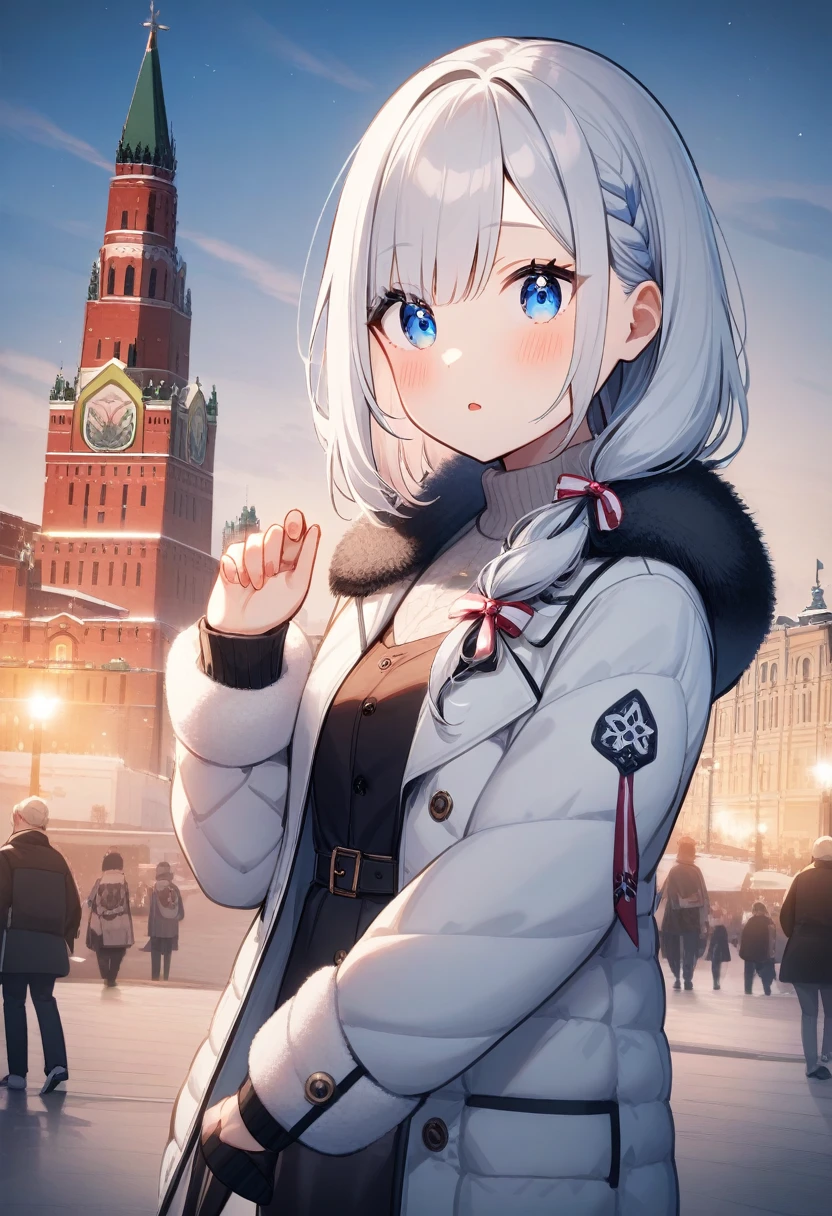 One girl, Alisa Mikhailovna Kujo,Tomorrow, my friend, Arya-san, will be visiting Russia.,alone, Long Hair, Eyebrows visible through hair, Hair between the eyes, Silver Hair, Hair Ribbon, blue eyes, Medium chest, ,Long sleeve, Jacket,Watch Winter Clothes Viewers,
Highest quality, so beautiful, Moscow、It's snowing、Moscowの風景