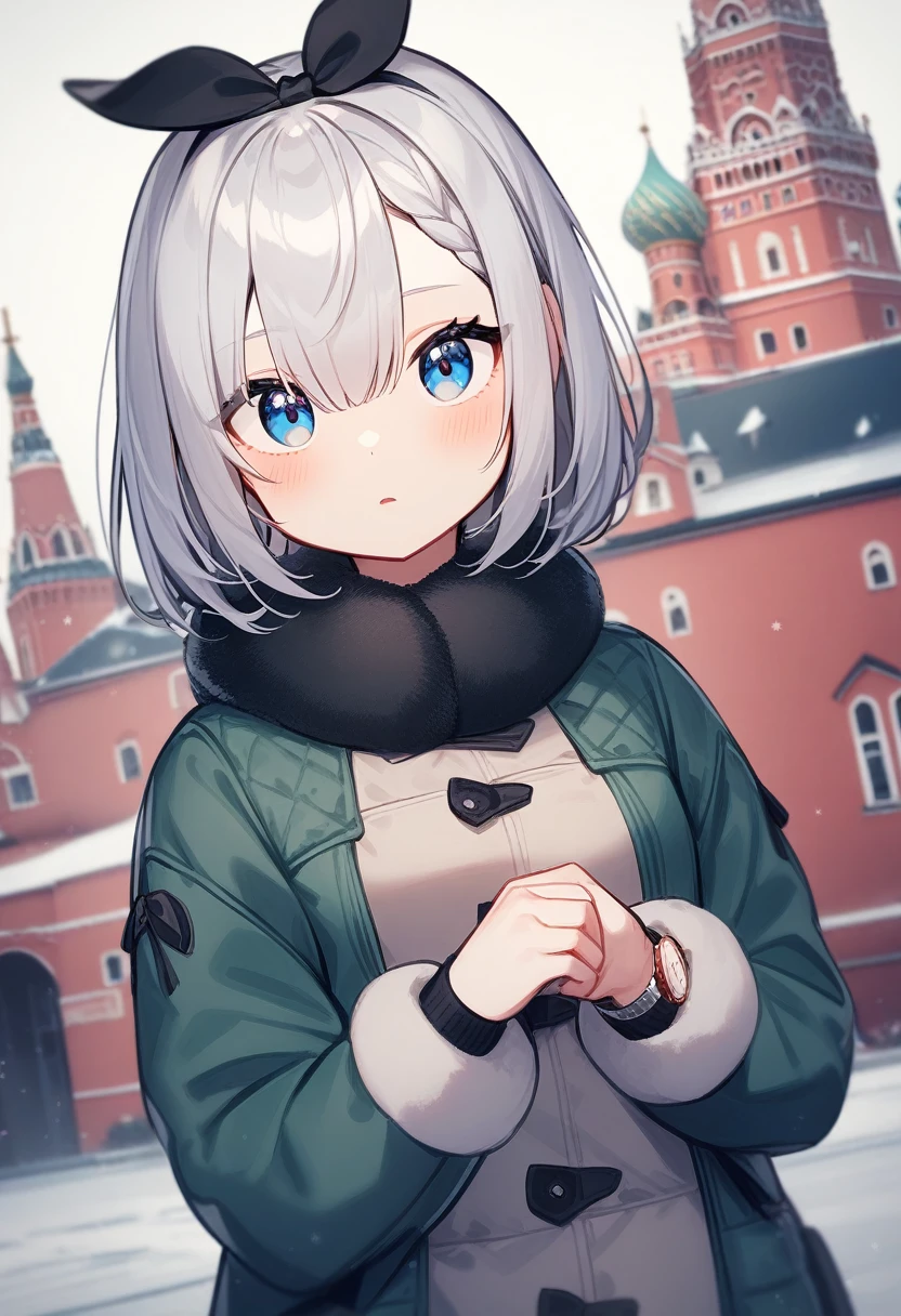 One girl,  Alisa Mikhailovna Kujo,Tomorrow, my friend, Arya-san, will be visiting Russia.,alone, Long Hair, Eyebrows visible through hair, Hair between the eyes, Silver Hair, Hair Ribbon, blue eyes, Medium chest, ,Long sleeve, Jacket,Watch Winter Clothes Viewers, 
Highest quality, so beautiful, Moscow、It&#39;s snowing、Moscowの風景