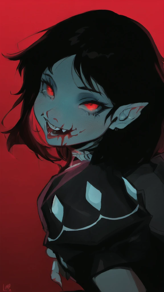 a close-up of a cartoon character with red eyes and a scary look, lazy |, Vampire girl, villain, demon girl, monster girl, lazy van baarle, inspired by Lois van Baarle, by lazy, Demon slayer art style, evil. swirly vibrant colors. cute, demon slayer rui fanart, lazy art style, vampire portrait