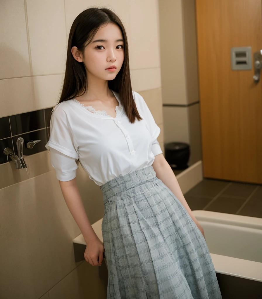 Highest quality, Ultra-high resolution,
RAW Photos, 9:16
One personの日本人の女の子, 15 years old, ,
One person,
cute, Baby Face, Young face, Young Breasts, Small breasts, A cup bust, short height, 144cm. 35kg,
Black Hair, Straight Hair,
Super Straight Long Hair,
one piece, Long skirt,
Restroom,