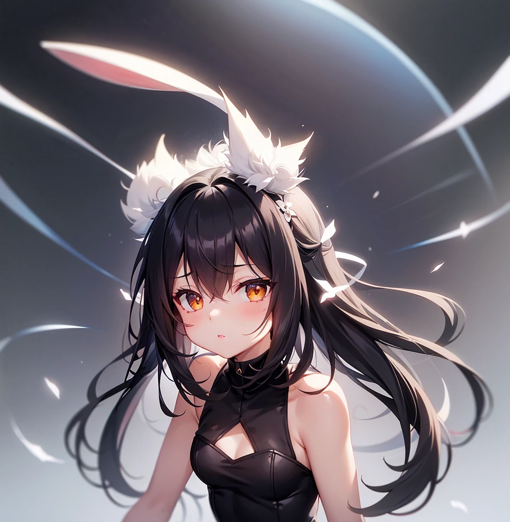 ((Bunny girl)),((Dropped ears)),Cute little ,Tiny ,Small girl,,Childish face, Very fine clean face,Top quality,Black Hair,(Dark Room), Subtle light, Natural light,Soft lighting,Light from directly behind, (Are standing),With bust up,Front view,Black background