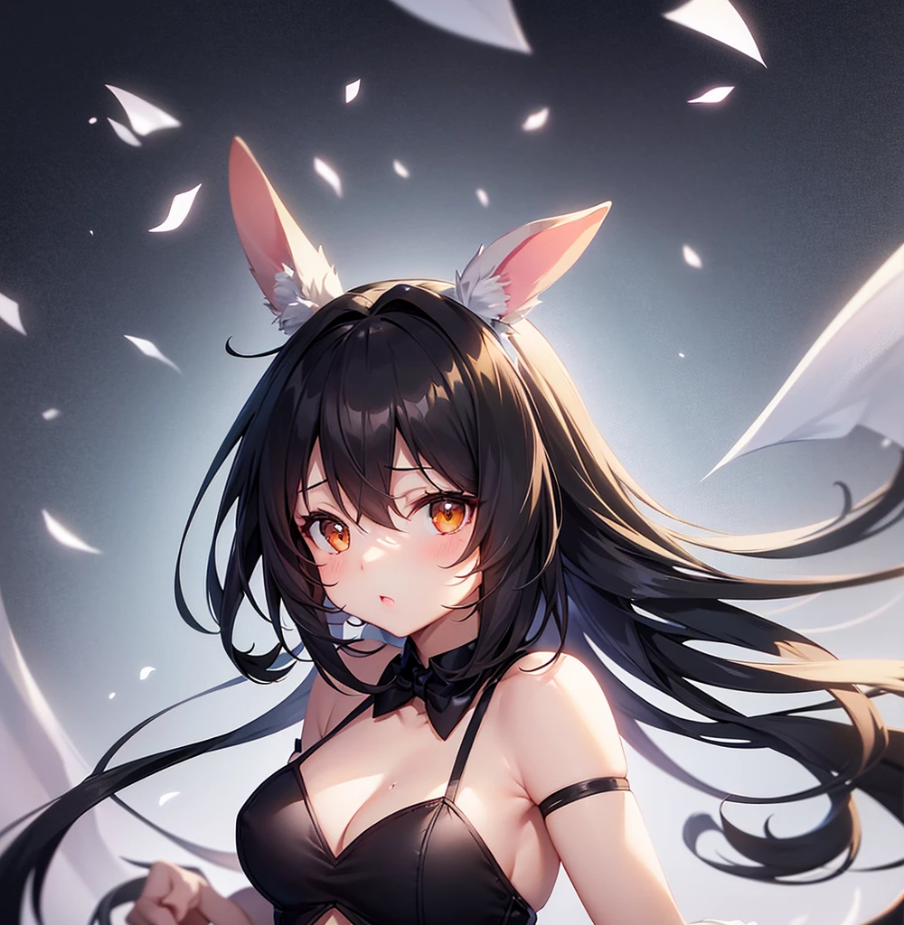 (Bunny girl),Dropped ears,Cute little ,Tiny ,Small girl,,Childish face, Very fine clean face,Top quality,Black Hair,(Dark Room), Subtle light, Natural light,Soft lighting,Light from directly behind, (Are standing),With bust up,Front view,Black background