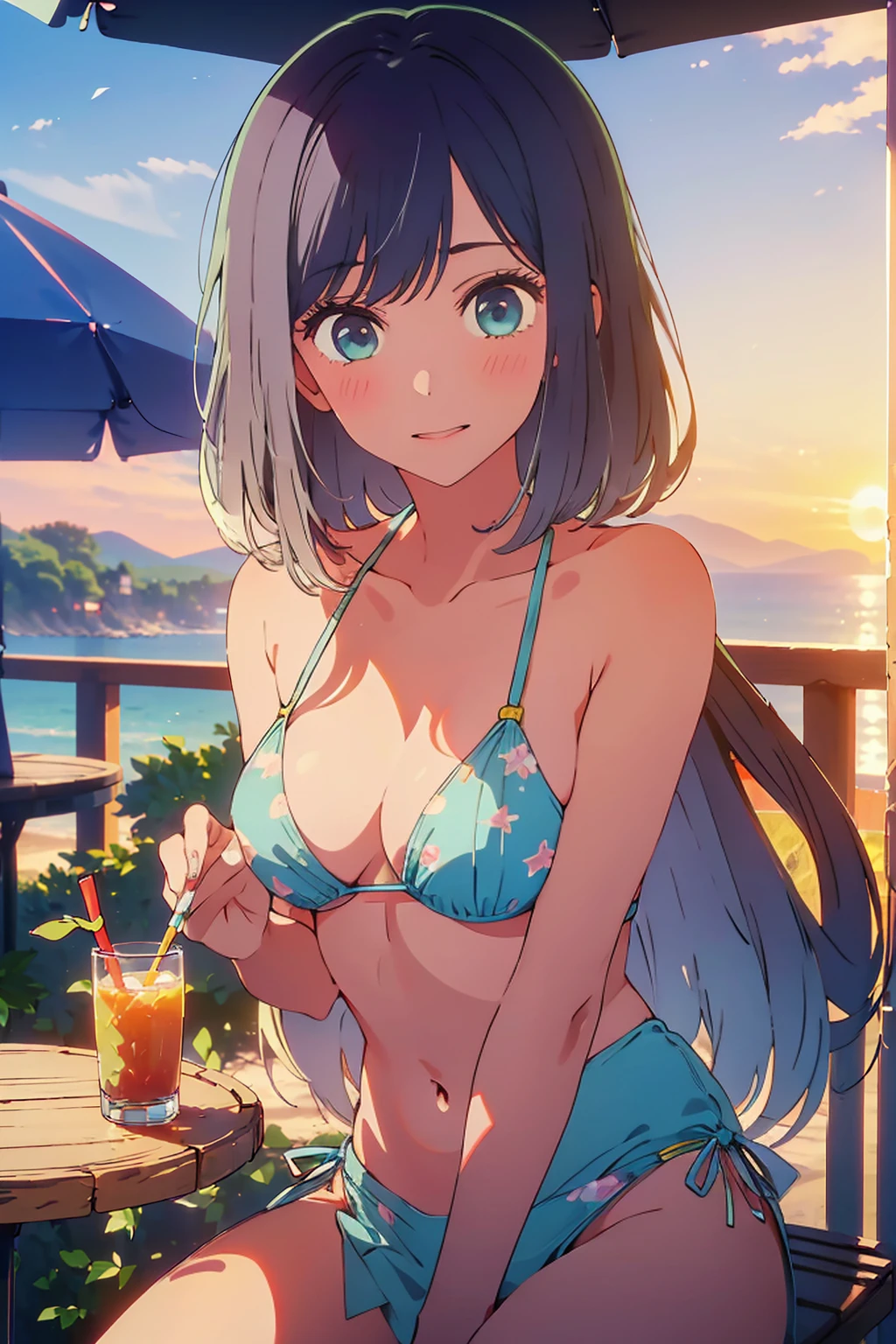 (Highest quality:1.4、masterpiece:1.4、Super detailed:1.4、8K:1.4)、Slim body、((((1 person、Surprised expression、sit、Outdoor café terrace、coastal、juice、table、Sandy Beach、bikini、juiceのグラスを持つ、Big eyes、Shallow depth of field、Very cute face))))、(((sunset、Sunset)))、(((bikiniサイズは小さい)))、F cup bust、Big Breasts、Get up close and take a photo