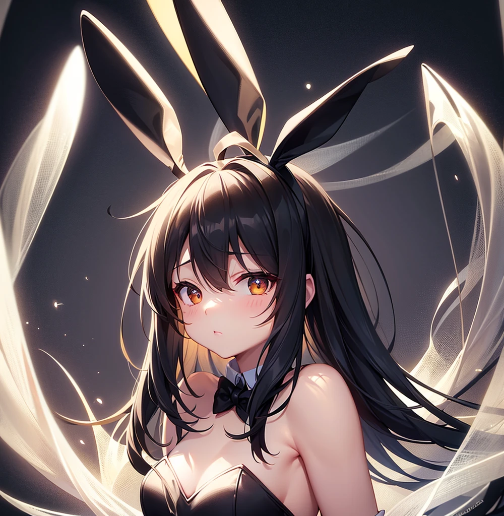 (Bunny girl),Cute little ,Tiny ,Small girl,,Childish face, Very fine clean face,Top quality,Black Hair,(Dark Room), Subtle light, Natural light,Soft lighting,Light from directly behind, (Are standing),With bust up,Front view,Black background